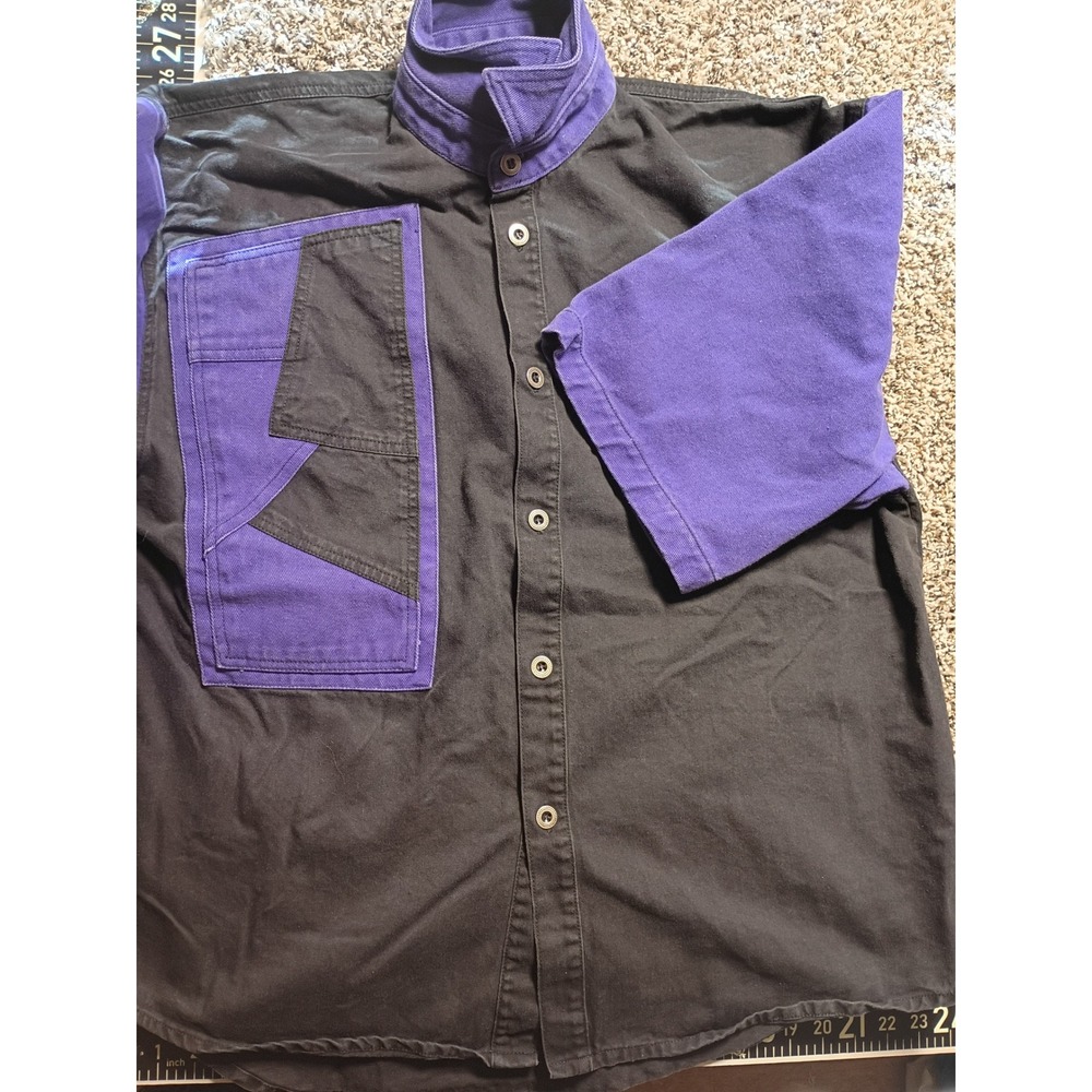 Vintage Machine Mens Large Color Block Cotton Canvas Button Down Shirt Purple - Picture 3 of 9